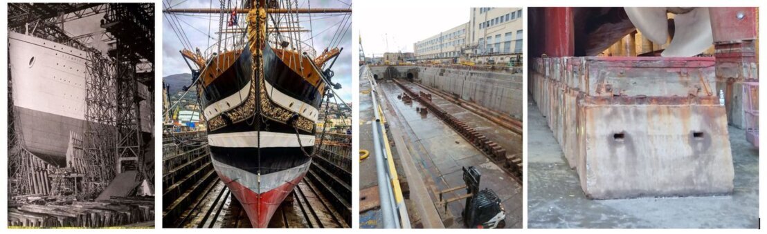 Immagini che simboleggiano la messa asecco della nave: Vercchia nave in costruzione su scalo, Veliero in bacino, bacino a secco, taccate