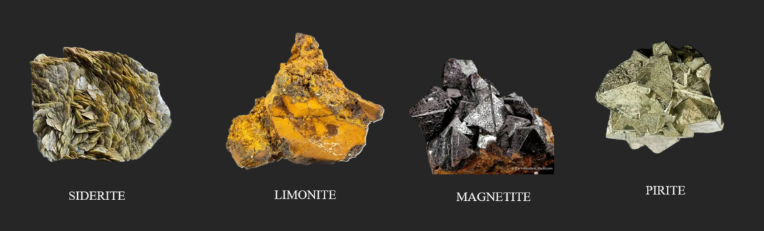 Risorse naturali che daranno origine al ferro: magnetite, pirite, siderite e limonite